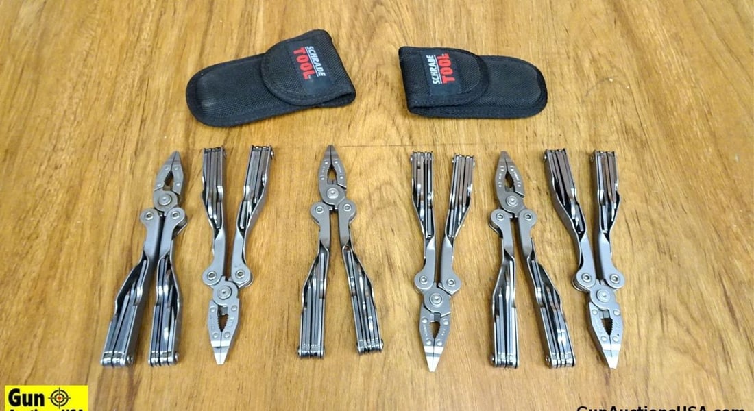 Schrade Multi Tools. Very Good Condition . Lot of 6; Multi Tools, Two with Cases. . (66731): Schrade Multi Tools. Very Good Condition . Lot of 6; Multi Tools, Two with Cases. . (66731)