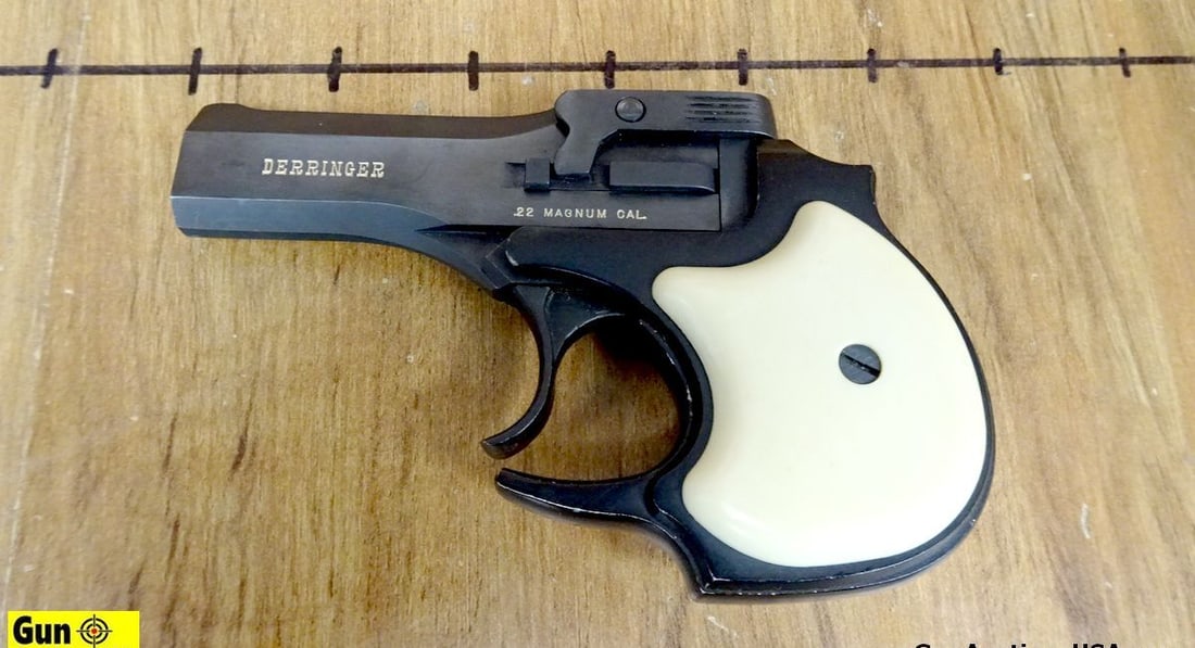 HIGH STANDARD MFG. CO. DERRINGER .22 MAGNUM Break Action Pistol. 3.5" Barrel. Shiny Bore, Tight: HIGH STANDARD MFG. CO. DERRINGER .22 MAGNUM Break Action Pistol. 3.5" Barrel. Shiny Bore, Tight Action DA Only with a Deep Blue Finish, White Polymer Grips, Over- Under 2 Shot, Front Blade Sight, and 