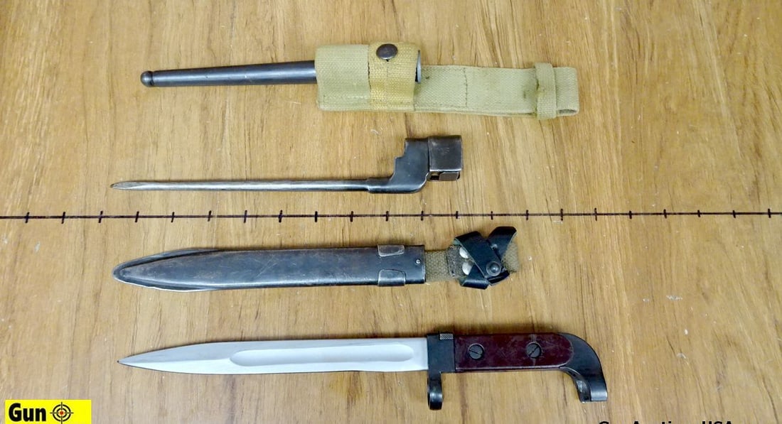 Enfield, Etc. M67 M67/Bayonet. Good Condition . Lot of 2; #1- Enfield M67 For a #4 MKII with Frog.: Enfield, Etc. M67 M67/Bayonet. Good Condition . Lot of 2; #1- Enfield M67 For a #4 MKII with Frog. #2 Bayonet, Unknown Make and Model Bayonet, 8" Blade, 12.25" Overall with Metal Scabbard and Frog. . 