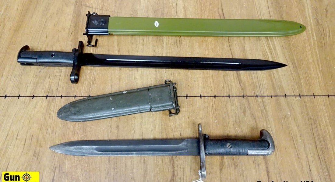Bayonets. Good Condition . Lot of 2; #1 Bayonet with Polymer Scabbard with US Bomb Stamp. 15.5": Bayonets. Good Condition . Lot of 2; #1 Bayonet with Polymer Scabbard with US Bomb Stamp. 15.5" Blade, 20" Overall. Black Polymer Grips. Made in China. In Like new Condition. #2- Bayonet with BOMB Sta