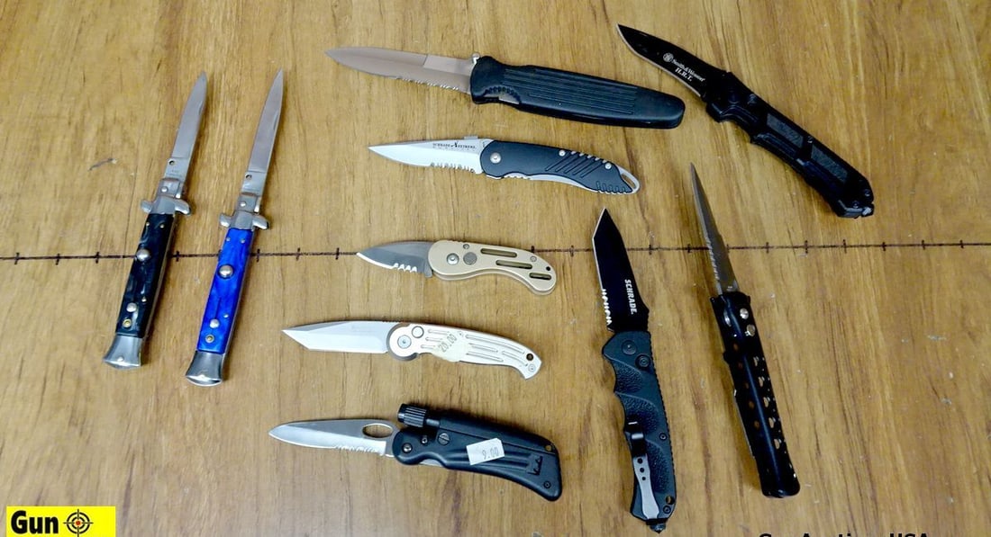 Schrade, Etc. Knives. Very Good . Lot of 10; Assorted Folding Knives, Two are Switch blades. .: Schrade, Etc. Knives. Very Good . Lot of 10; Assorted Folding Knives, Two are Switch blades. . (65493)