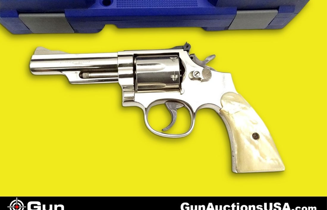 S&W 19-5 .357 MAGNUM Revolver. Excellent. 4 1/8" Barrel. Shiny Bore, Tight Action Six Shot Fluted Cy: S&W 19-5 .357 MAGNUM Revolver. Excellent. 4 1/8" Barrel. Shiny Bore, Tight Action Six Shot Fluted Cylinder, Case Hardened Hammer and Trigger, Faux Pearl Grips, Front Ramp Sight, Notch Rear Sight. Incl
