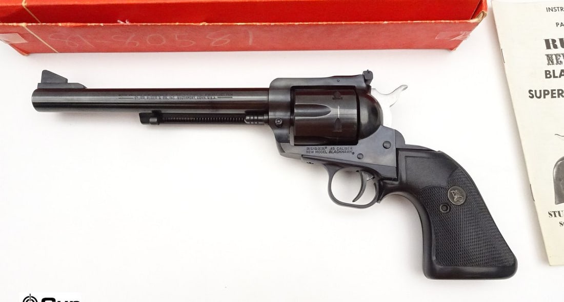 Ruger NEW MODEL BLACKHAWK .45 NEW MODEL BLACKHAWK Revolver. Excellent. 7.5" Barrel. Shiny Bore, Tigh: Ruger NEW MODEL BLACKHAWK .45 NEW MODEL BLACKHAWK Revolver. Excellent. 7.5" Barrel. Shiny Bore, Tight Action SA Only, 6 Shot Fluted Cylinder with a Front Ramp Sight, Fully Adjustable Notch Rear Sight,