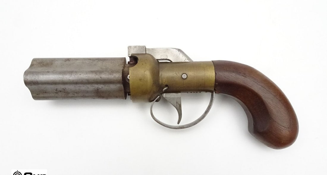 CMC .36 Caliber Derringer. Good Condition . 3.25" Barrel. 4 Shot Pepper Box, Steel Barrels, with Bra: CMC .36 Caliber Derringer. Good Condition . 3.25" Barrel. 4 Shot Pepper Box, Steel Barrels, with Brass Frame and Smooth Wood Grips. SA Only. Black Powder, NO FFL Required. . (67234)
