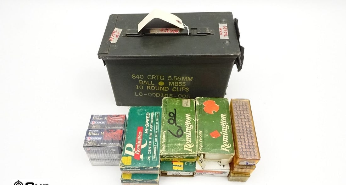 Remington, Winchester, Lapua, Etc. .250 SAVAVE, .22LR Ammo. 715 Rds in Total; 115 Rds -250 SAVAGE, 6: Remington, Winchester, Lapua, Etc. .250 SAVAVE, .22LR Ammo. 715 Rds in Total; 115 Rds -250 SAVAGE, 600 Rds- .22LR. Includes Metal Ammo Can. . (68056)