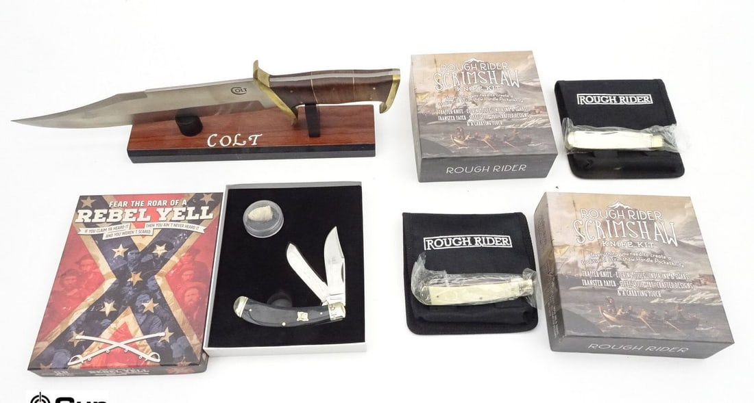 Colt, Rough Rider Knives. Excellent . Lot of 4; 1- Colt Fixed Blade, 10.75", 16" Overall, Includes a: Colt, Rough Rider Knives. Excellent . Lot of 4; 1- Colt Fixed Blade, 10.75", 16" Overall, Includes a Wood Display. 1- Rough Rider, Rebel Yell, Folding Knife, Includes Authentic Civil War Battle Field 