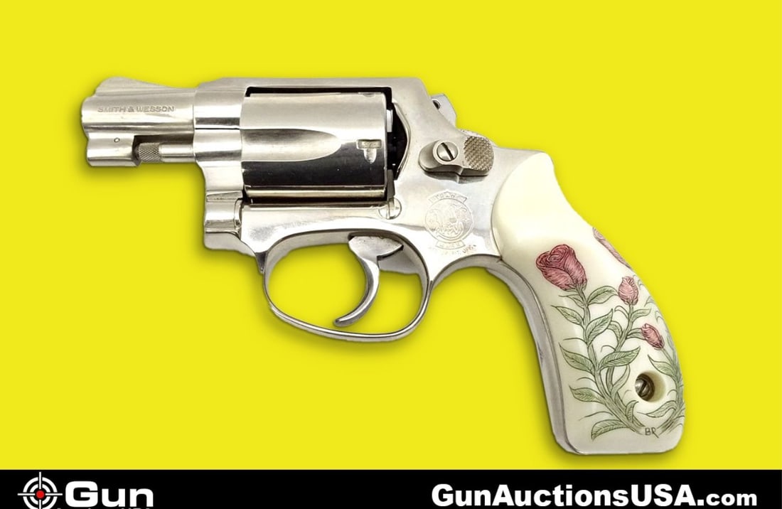 S&W 37 AIRWEIGHT .38 SPL CTG 37 AIRWEIGHT Revolver. Very Good. 1 7/8" Barrel. Shiny Bore, Tight: S&W 37 AIRWEIGHT .38 SPL CTG 37 AIRWEIGHT Revolver. Very Good. 1 7/8" Barrel. Shiny Bore, Tight Action BEAUTIFUL White Polymer Grips with Flowers, 5 Shot Fluted Cylinder, Bobbed Hammer, DA Only with a