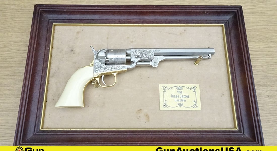 Franklin Mint The Jesse James Revolver 45 Colt Replica. Very Good. Single-Action Colt Army. Heavy: Franklin Mint The Jesse James Revolver 45 Colt Replica. Very Good. Single-Action Colt Army. Heavy Scribing on Frame and Sides of Barrel. Brass Trigger Guard and Grip Frame. Non-Gun, Non-FFL.. (68910)