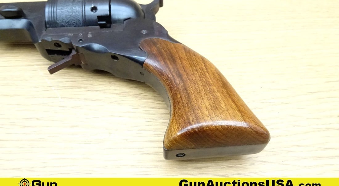 REPLICA ARMS Colt Paterson .36 Caliber Revolver. Excellent. 9" Barrel. Single Action BLACK POWDER: REPLICA ARMS Colt Paterson .36 Caliber Revolver. Excellent. 9" Barrel. Single Action BLACK POWDER ONLY Features 5 Shot Engraved Cylinder, Beautiful Blued Finish, Smooth Wood Grips, with a Front Blade 