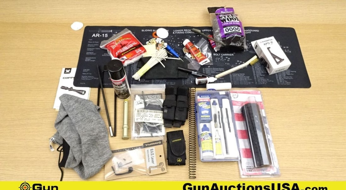Midwest Industries, Birchwood Casey, Magpul, Etc. Gun Parts & Accessories. Excellent. Lot of 30; 1-: Midwest Industries, Birchwood Casey, Magpul, Etc. Gun Parts & Accessories. Excellent. Lot of 30; 1- Fore Grip, 1- Rifle Hand Guard and 28 Assorted Tools and Cleaning Supplies. . (69066)