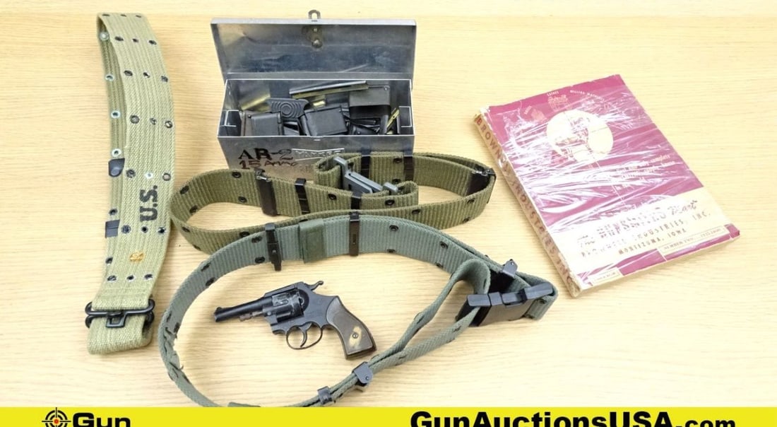 Brownell's, Mondial, Etc. Cap Gun, Gun Parts, Cotton Belts. Very Good. Lot of 6; 3- Military,: Brownell's, Mondial, Etc. Cap Gun, Gun Parts, Cotton Belts. Very Good. Lot of 6; 3- Military, Adjustable Cotton Belts. 1- Mondial .22 Caliber, Cap Gun Made in Italy. 1- Vintage Collector's 1949-1950 G