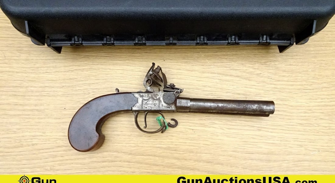 BLAIR LONDON .34 Caliber Black Powder Pistol. Fair Condition. 3.5" Barrel. Flint Lock-SXS BLACK: BLAIR LONDON .34 Caliber Black Powder Pistol. Fair Condition. 3.5" Barrel. Flint Lock-SXS BLACK POWDER, No FFL Required in Most States. Features a Flint Lock Flash Pan, Wood Grip, SA Only, with a Padd