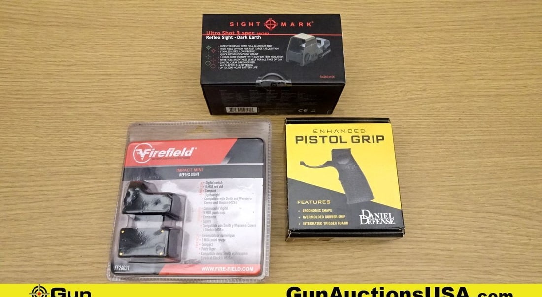 Sight mark, Firefield, Daniel Defense Ultra Shot R-Spec, Impact Mini, & Enhanced Sights & Pistol: Sight mark, Firefield, Daniel Defense Ultra Shot R-Spec, Impact Mini, & Enhanced Sights & Pistol Grip. NEW in Box. Lot of 3; 1- Sightmark Ultra Shot R-Spec, Features a Full Aluminum Body, Dark Earth F