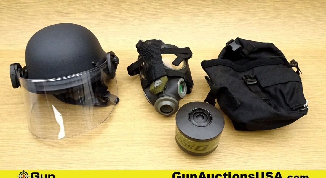 Ambitec Incorporated PASGT Gas Mask, Riot Helmet, Etc. . Very Good. Lot of 3; 1-Gas Mask,1- tactical: Ambitec Incorporated PASGT Gas Mask, Riot Helmet, Etc. . Very Good. Lot of 3; 1-Gas Mask,1- tactical Thigh Bag and 1- Riot Helmet with Face Shield, Size Large. Protection Level- IIIA+V50. . (71226) (G