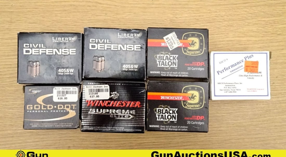 Winchester, Speer, Etc. .40 S&W Ammo. 140 Total Rds 40 S&W; 80 Rds- 180 Grain JHP, 40 Rds- 60 Grain: Winchester, Speer, Etc. .40 S&W Ammo. 140 Total Rds 40 S&W; 80 Rds- 180 Grain JHP, 40 Rds- 60 Grain JHP, & 20 Rds- 77 Grain JHP. (71212) (GSCT12)