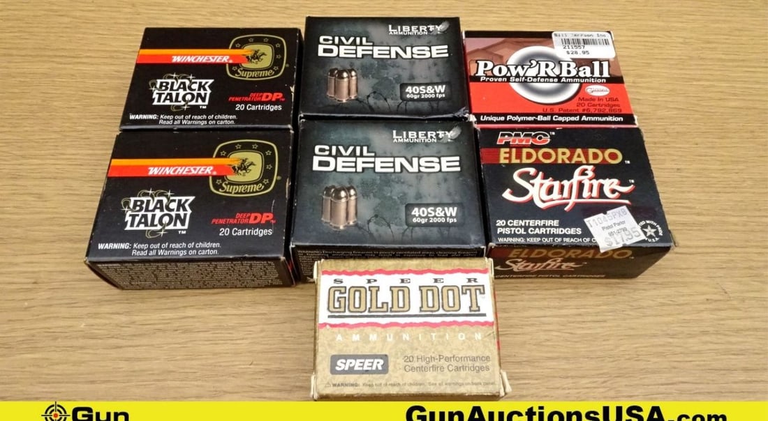 Winchester, Speer, Etc. .40 S&W Ammo. 140 Total Rds 40 S&W; 60 Rds- 180 Grain JHP, 40 Rds- 60 Grain: Winchester, Speer, Etc. .40 S&W Ammo. 140 Total Rds 40 S&W; 60 Rds- 180 Grain JHP, 40 Rds- 60 Grain JHP, 20 Rds- 155 Grain JHP, & 20 Rds- 135 Grain JHP.. (71211) (GSCT62)