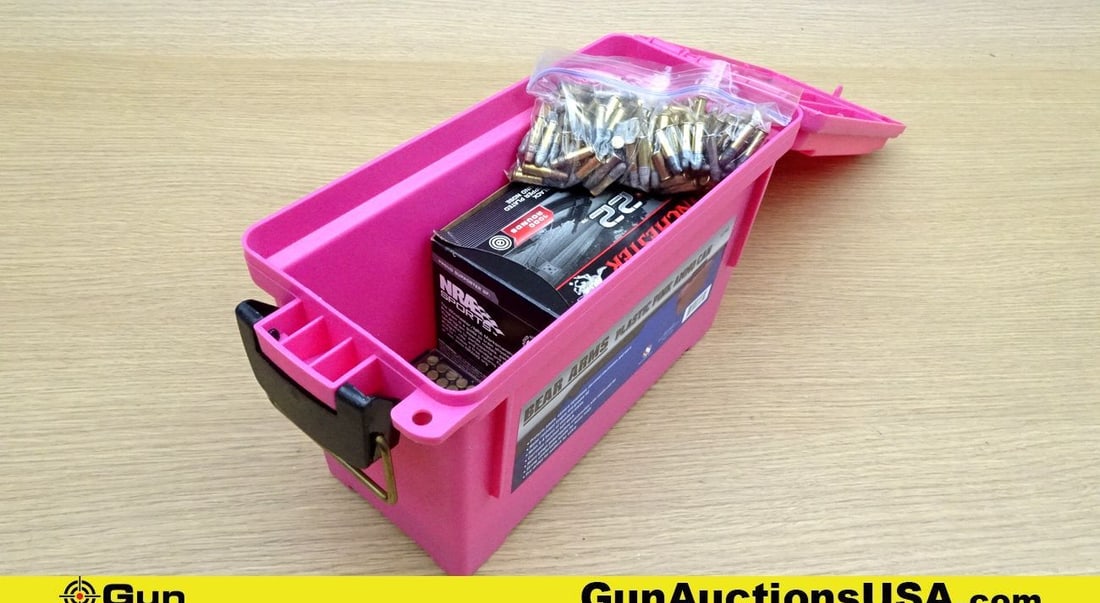Winchester 22 LR Ammo. Approx. 1229 Total Rounds- 22 LR 40 Grain. Includes, Small Pink Polymer Ammo: Winchester 22 LR Ammo. Approx. 1229 Total Rounds- 22 LR 40 Grain. Includes, Small Pink Polymer Ammo Can.. (70427) (GSCU78)
