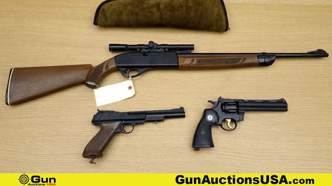 Powerline, Crossman Air Rifle, Air Pistols. Good Condition. 21.25", Etc. Lot of 4; 1- Crossman Arms: Powerline, Crossman Air Rifle, Air Pistols. Good Condition. 21.25", Etc. Lot of 4; 1- Crossman Arms Model 766, Air Rifle, Single Shot, with Polymer Furniture, Front Blade Sight, Powerline Scope 4x15 w