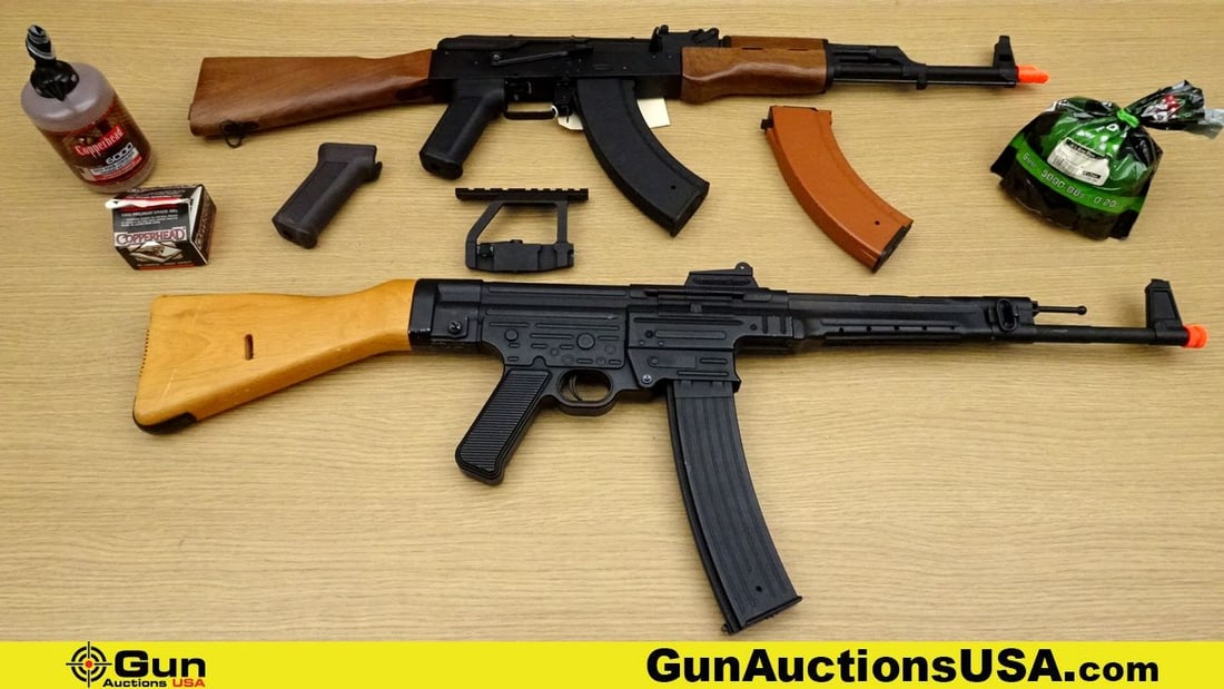AK-47 & STG-44 Airsoft Rifles. Good Condition. 1- AK47 Airsoft Rifle, Features Metal Body, Polymer: AK-47 & STG-44 Airsoft Rifles. Good Condition. 1- AK47 Airsoft Rifle, Features Metal Body, Polymer Stock, Polymer Pistol Grip, Orange Tip, & Battery Operated, 1- STG44 Airsoft Rifle, Features Metal Bo