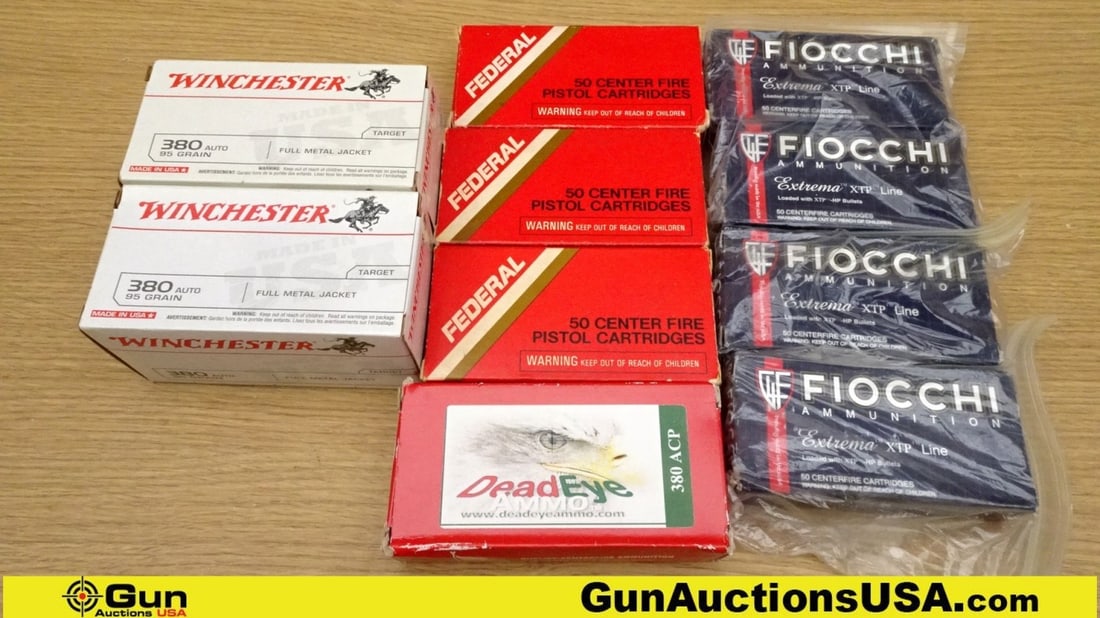 Fiocchi, Federal, & Winchester. .380 ACP Ammo. 600 Total Rds; 200 Rds - .380 ACP 90 Gr. FMJ and 400: Fiocchi, Federal, & Winchester. .380 ACP Ammo. 600 Total Rds; 200 Rds - .380 ACP 90 Gr. FMJ and 400 Rds - .380 ACP 95 Gr. FMJ.. (71907) (GSCU86)