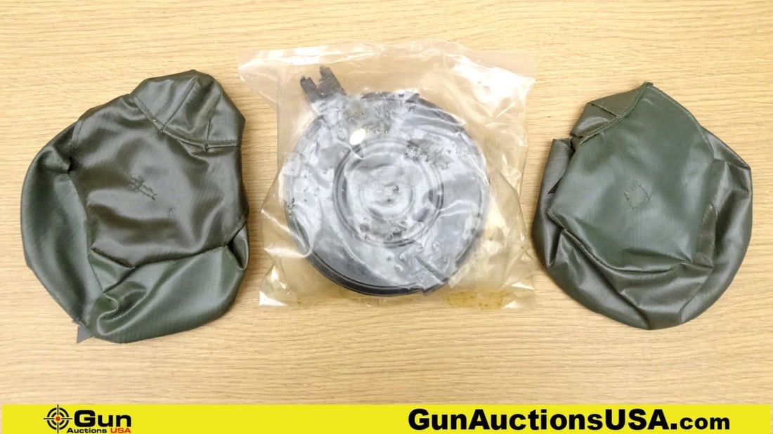 Chinese Military Surplus 7.62x39 Mags & Mag Pouches. Excellent. Lot of 3; 2- Green Vinyl Drum Mag: Chinese Military Surplus 7.62x39 Mags & Mag Pouches. Excellent. Lot of 3; 2- Green Vinyl Drum Mag Pouches & 1 - Steel AK/RPK 75 Rds Drum Mag.. China (71979) (GSCM51)