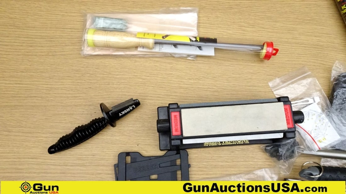 KnivesPlus, Lansky, Etc. Knife Sharpening Tools. Excellent. Lot of Approx. 22; 7- Knife Sharpening: KnivesPlus, Lansky, Etc. Knife Sharpening Tools. Excellent. Lot of Approx. 22; 7- Knife Sharpening Sticks, 4- Leather Honing Straps, 1- Stropping Block, 1- Set Knife Grips, & Approx. 11- Assorted Shar