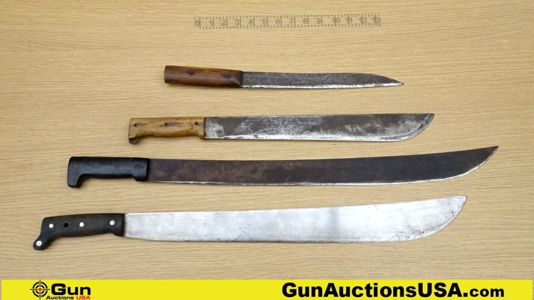 Tramontina, Etc. Machete's. Fair Condition. Lot of 4; 1- Tramontina Machete made in Brazil, 22.25": Tramontina, Etc. Machete's. Fair Condition. Lot of 4; 1- Tramontina Machete made in Brazil, 22.25" Blade, 27.25" Overall. 1- 23.5" Blade, 28.25" Overall Machete. 1- 16" Blade, 21" Overall Machete. 1-