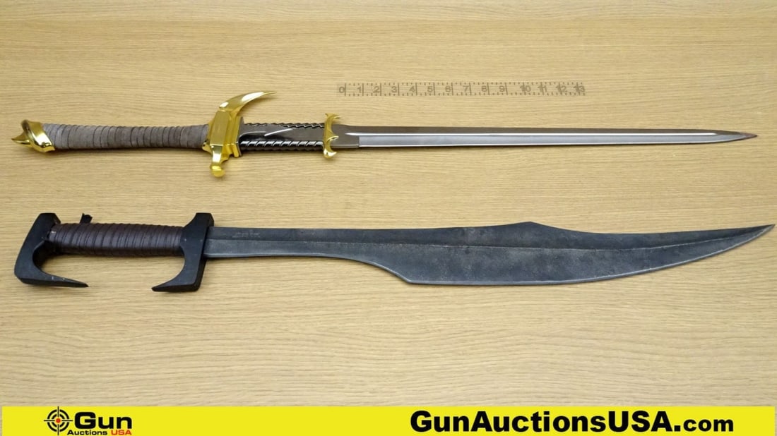 HIBBEN, SPARTAN 300 Swords. Good Condition. Lot of 2; 1- HIBBEN SWORD, Custom Design 2009 Gold: HIBBEN, SPARTAN 300 Swords. Good Condition. Lot of 2; 1- HIBBEN SWORD, Custom Design 2009 Gold Edition, Double Sided Sword, Model GH5016, Stainless Hand Crafted in China, Designed by GIL HIBBEN, with 