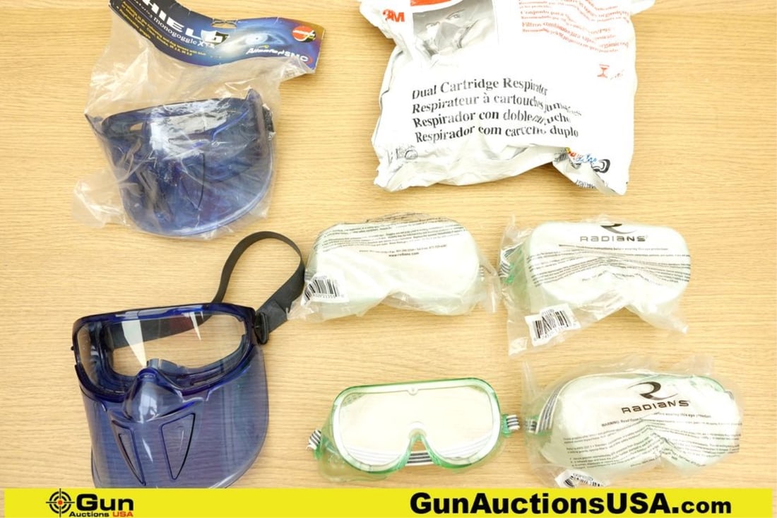 Radians, 3M, Jackson Safety 52P71 Respirator, Eye Protection. Very Good. Lot of 7; 4 Safety Goggles,: Radians, 3M, Jackson Safety 52P71 Respirator, Eye Protection. Very Good. Lot of 7; 4 Safety Goggles, 2 Full Face Safety Shields, and 1 Sealed Respirator.. (72855) (GSCO89)
