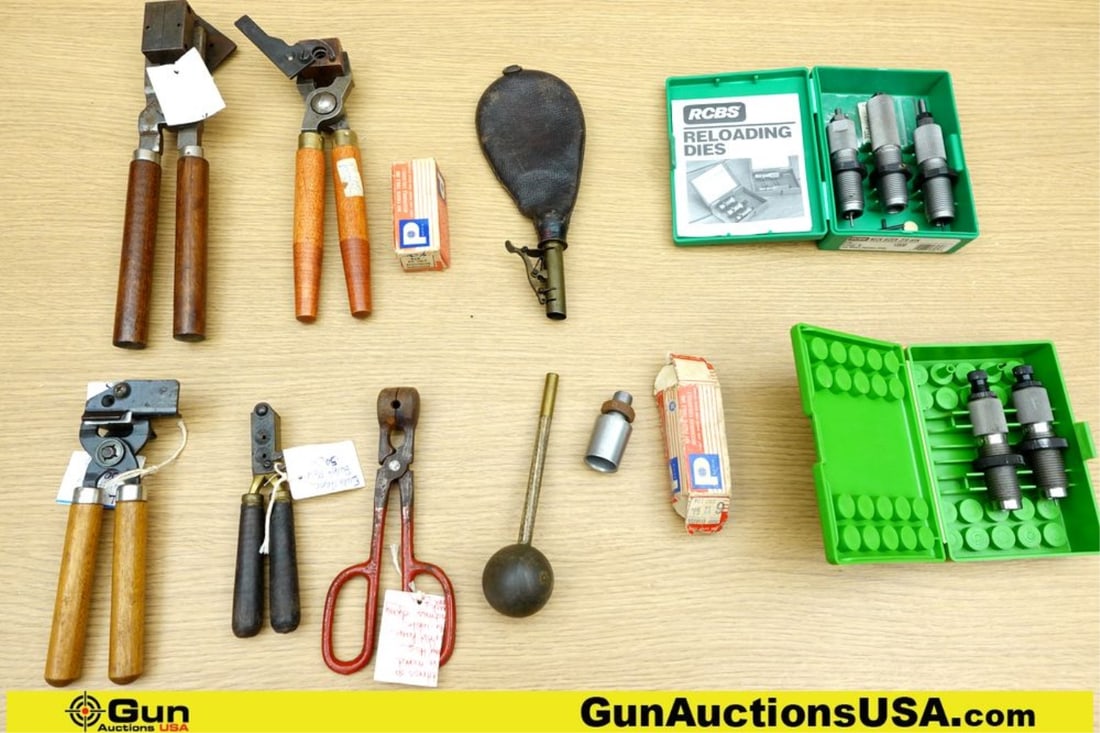 Redding, RCBS .22 REM, .270 WIN Reloading Equipment. Good Condition. Lot of 11; 2 Die Sets, 5 Bullet: Redding, RCBS .22 REM, .270 WIN Reloading Equipment. Good Condition. Lot of 11; 2 Die Sets, 5 Bullet Molds, 1 Powder Flasks, 1 Muzzle Loader, and 2 Powder Bushings. (72061) (GSCN37)