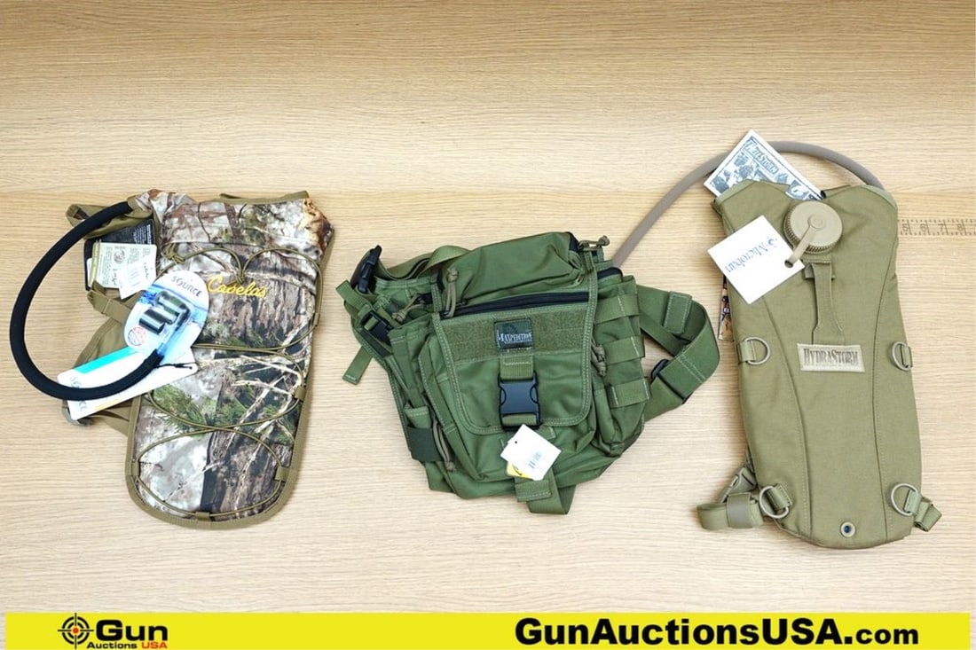 Blackhawk, Cabela's, Source Satchel, Hydration Packs. Excellent. 1 Nylon Shoulder Sling Satchel: Blackhawk, Cabela's, Source Satchel, Hydration Packs. Excellent. 1 Nylon Shoulder Sling Satchel Pouch and 2 Nylon Hydration Packs. Includes Water Bladders and Mouthpieces.. (73317) (GSCO41)