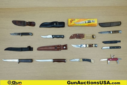 Buck, Sharp, Etc. Knives. Good Condition. 7 Fixed Blade Knives, 1 Folding Knife, and 1 Multi-Tool..