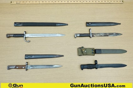 Military Surplus Bayonets. Good Condition. 4 Assorted Bayonets with Sheaths. 2 Display Cartouche