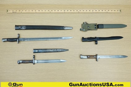 Military Surplus Bayonets. Very Good. 4 Total Assorted Bayonets; 2 Display Cartouche Markings on