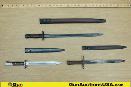 Military Surplus Bayonets. Very Good. 3 Assorted Bayonets with Sheaths; 2 with Cartouche Markings on