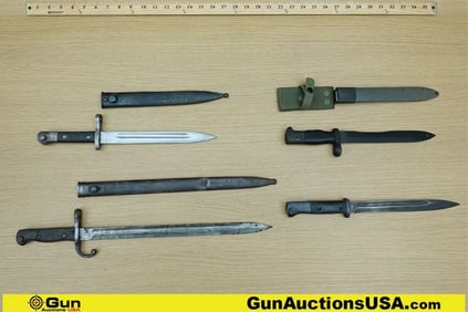 Military Surplus Bayonets. Good Condition. 4 Assorted Bayonets; 2 Display Cartouche Markings on