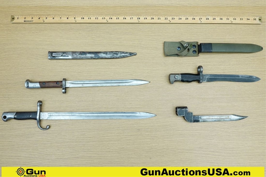 Military Surplus Bayonets. Good Condition. 4 Assorted Bayonets; 3 with Cartouche Markings on Blade: Military Surplus Bayonets. Good Condition. 4 Assorted Bayonets; 3 with Cartouche Markings on Blade Near Handle and 2 Include Sheaths. . (72357) (GSCN31)