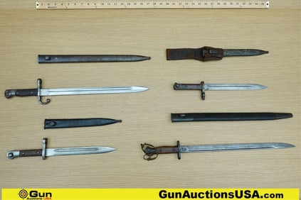 Military Surplus Bayonets. Good Condition. 4 Assorted Bayonets with Scabbards; 3 Display Cartouche
