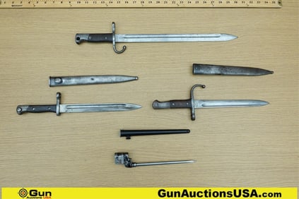 Military Surplus Bayonets. Good Condition. 4 Assorted Bayonets; 3 with Cartouche Markings on Blade