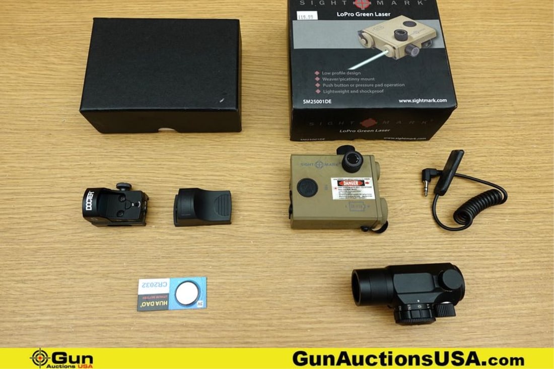 Sight Mark, Sig Tac, Etc. LoPro, STS-081, Etc. Optics, Laser. Good Condition. One Sight Mark LoPro: Sight Mark, Sig Tac, Etc. LoPro, STS-081, Etc. Optics, Laser. Good Condition. One Sight Mark LoPro Low-Profile Top Mount Green Laser, Includes Tail-Cap Pressure Pad. One Red Dot Rifle Optic with Kill