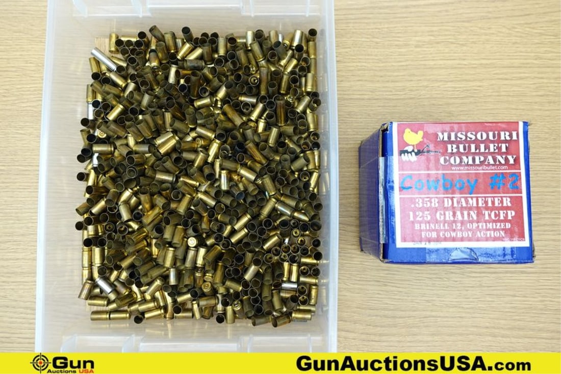 Missouri Bullet Company .358 Projectiles, Brass. 750- .358 Projectiles. And a Mixed Bag of Brass,: Missouri Bullet Company .358 Projectiles, Brass. 750- .358 Projectiles. And a Mixed Bag of Brass, (.38 Special, .45 ACP and 9MM). . (74756) (GSCV50)
