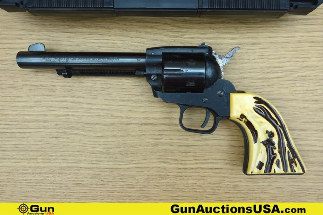 H.SCHMIDT 21 .22 LR Revolver. Good condition, Normal Handling Marks, Scattered Spotting and/or: H.SCHMIDT 21 .22 LR Revolver. Good condition, Normal Handling Marks, Scattered Spotting and/or Pitting. 5.5" Barrel. Shiny Bore, Tight Action Single Action Only Features a Fixed Front Sight, Adjustabl