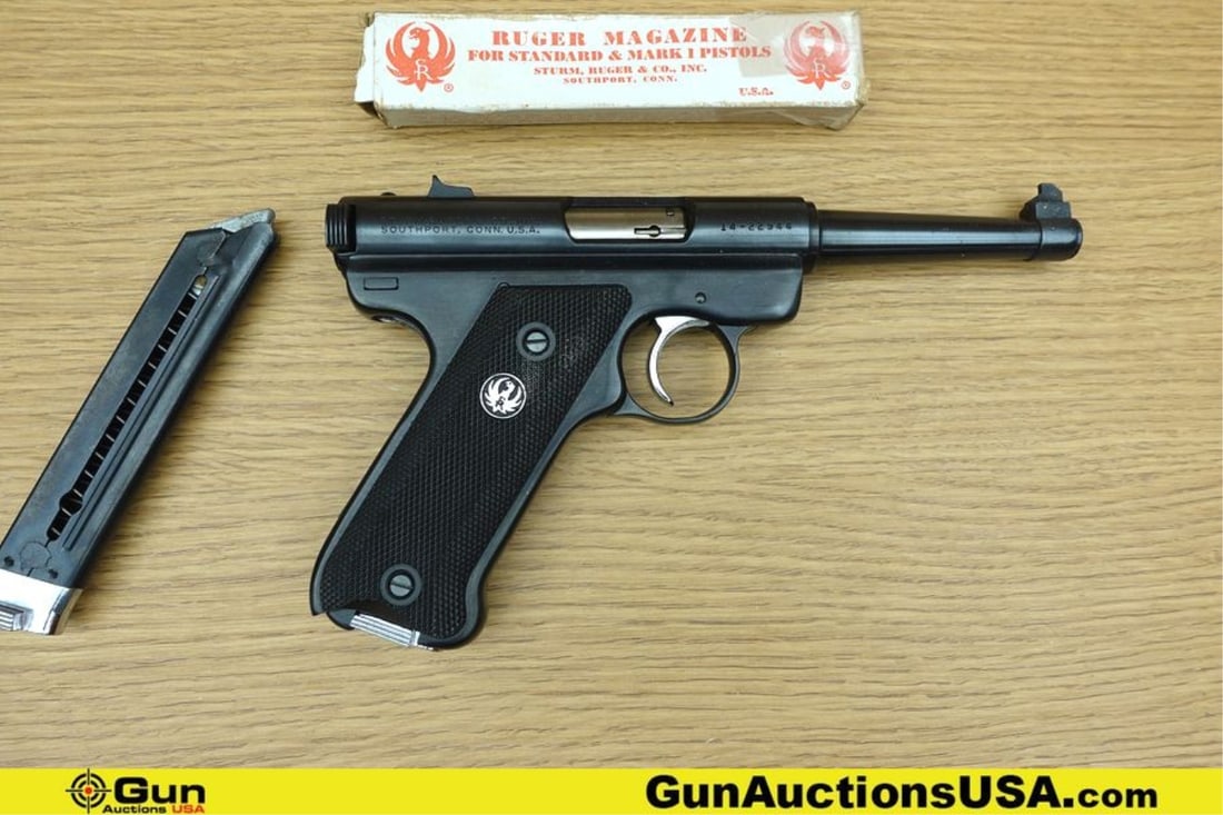 Ruger AUTOMATIC PISTOL MKI .22 LR Pistol. Excellent. 4.75" Barrel. Shiny Bore, Tight Action Semi: Ruger AUTOMATIC PISTOL MKI .22 LR Pistol. Excellent. 4.75" Barrel. Shiny Bore, Tight Action Semi Auto Features Fixed Sights, Black Checkered Polymer Grips, Manual Thumb Safety, Bottom Eject Magazine, 
