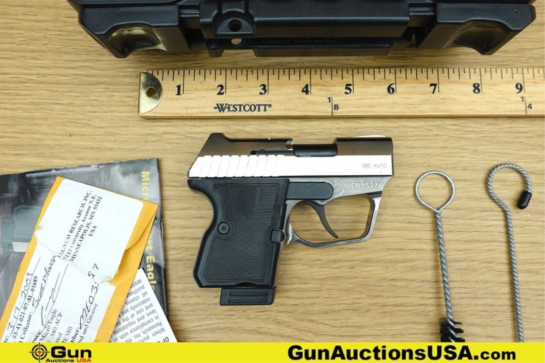 MAGNUM RESEARCH MICRO DESERT EAGLE .380 ACP Pistol. Very Good. 2.25" Barrel. Shiny Bore, Tight: MAGNUM RESEARCH MICRO DESERT EAGLE .380 ACP Pistol. Very Good. 2.25" Barrel. Shiny Bore, Tight Action Semi Auto Features Rear Slide Serrations, Smooth DA Only Trigger, Adjustable Sights, Checkered Pol