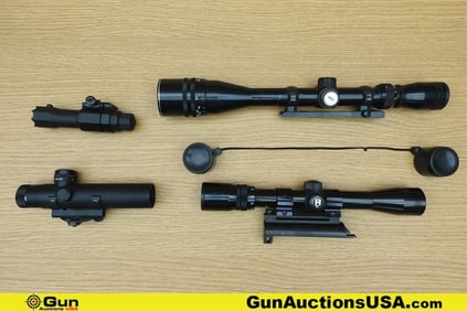 Bushnell, Etc. Scopes, Laser. Very Good. 3 Adjustable Scopes with Mounts, and 1 Rifle Laser with