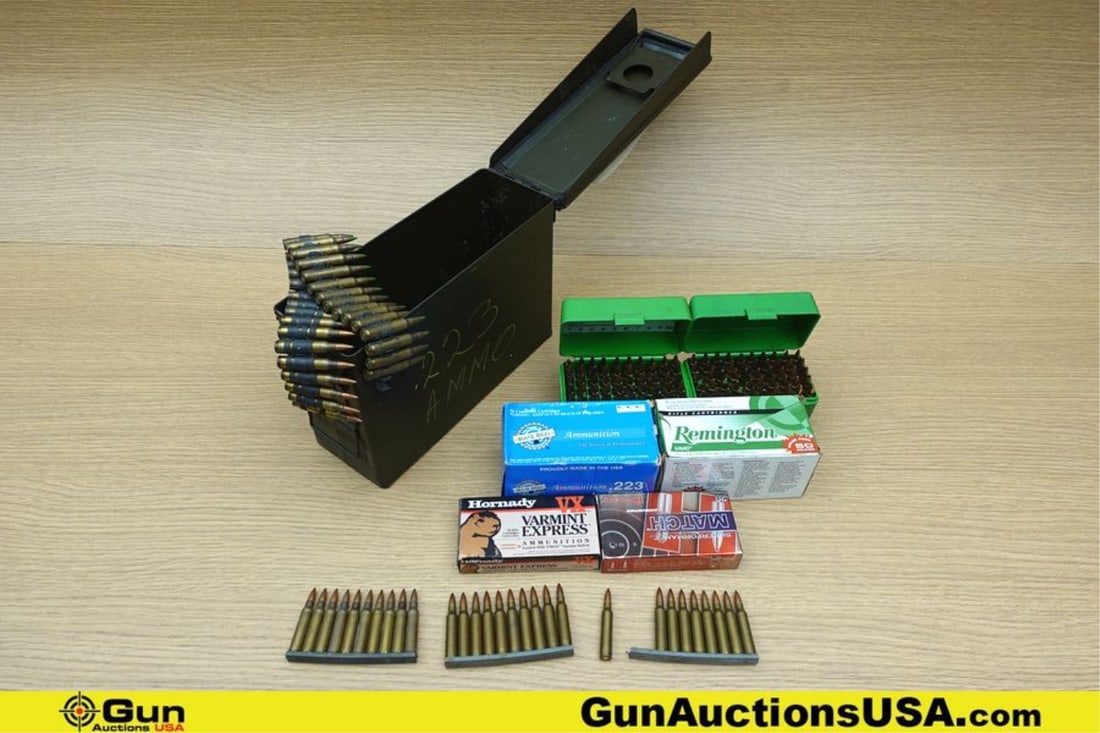 Horn, Rem, Etc. .223 Rem, 5.56 Nato Ammo. Approx 285 Total Rounds of 5.56 Nato and .223 Rem.: Horn, Rem, Etc. .223 Rem, 5.56 Nato Ammo. Approx 285 Total Rounds of 5.56 Nato and .223 Rem. Assorted Grain Weight and Type; 30 Rounds Linked onto Ammo Belt. Includes, Small Metal Ammo Can and 205 Rou
