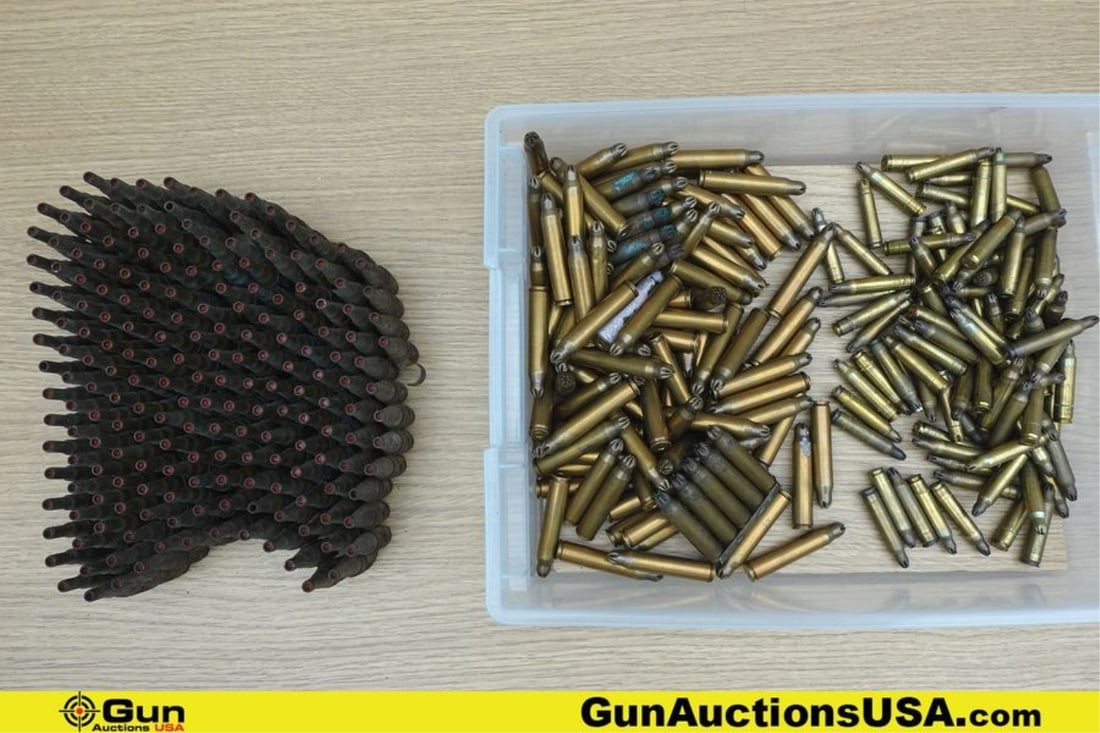 Military Surplus .308 CAL, .30-06 SPRING, 5.56x45mm Ammo. Approx. 360 Total Rounds; 190 Rounds of: Military Surplus .308 CAL, .30-06 SPRING, 5.56x45mm Ammo. Approx. 360 Total Rounds; 190 Rounds of .308 Blanks on Link Belt, 80 Rounds of 30-06 Blanks and 90 Rounds of 5.56x45 Blanks.. (75932) (GSCU85)