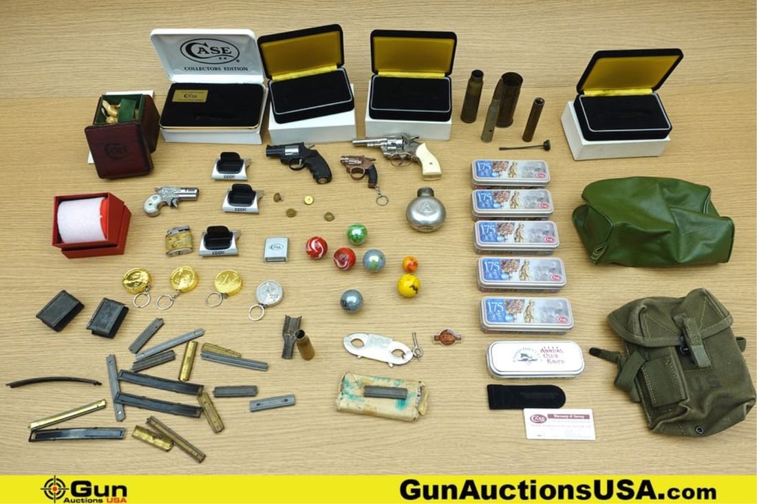 Case, Colt, Etc. Pouches, Starter Pistols, Lighters, Etc.. Good Condition. Assorted Knife Cases,: Case, Colt, Etc. Pouches, Starter Pistols, Lighters, Etc.. Good Condition. Assorted Knife Cases, Ammo Pouches, Starter Pistols, Lighters, Pens, COLLECTOR's Case Marbles, Finger Cuffs, En Clips, Etc.. 