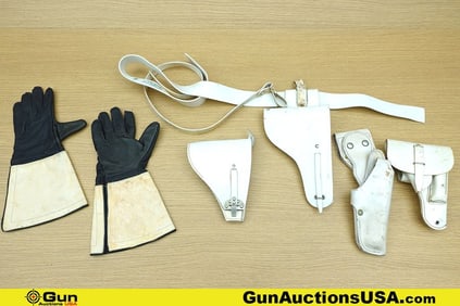 Holsters, Belts, Gloves. Good Condition. 4 Pistol Holsters, 1 White Belt with Cross Strap, and 1