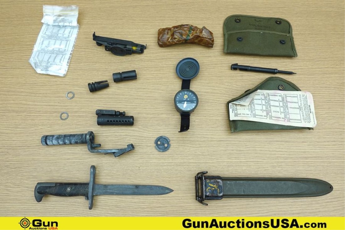 Military Surplus M1 Garand, M14, Etc Gun Parts, Bayonet. Very Good. 1 ELGIN USN Diver's Issued Depth: Military Surplus M1 Garand, M14, Etc Gun Parts, Bayonet. Very Good. 1 ELGIN USN Diver's Issued Depth Gauge and Compass, 1 Cut-Down M1 Garand Bayonet, Assorted Gun Parts, and 2 M15 Grenade Launcher Sig